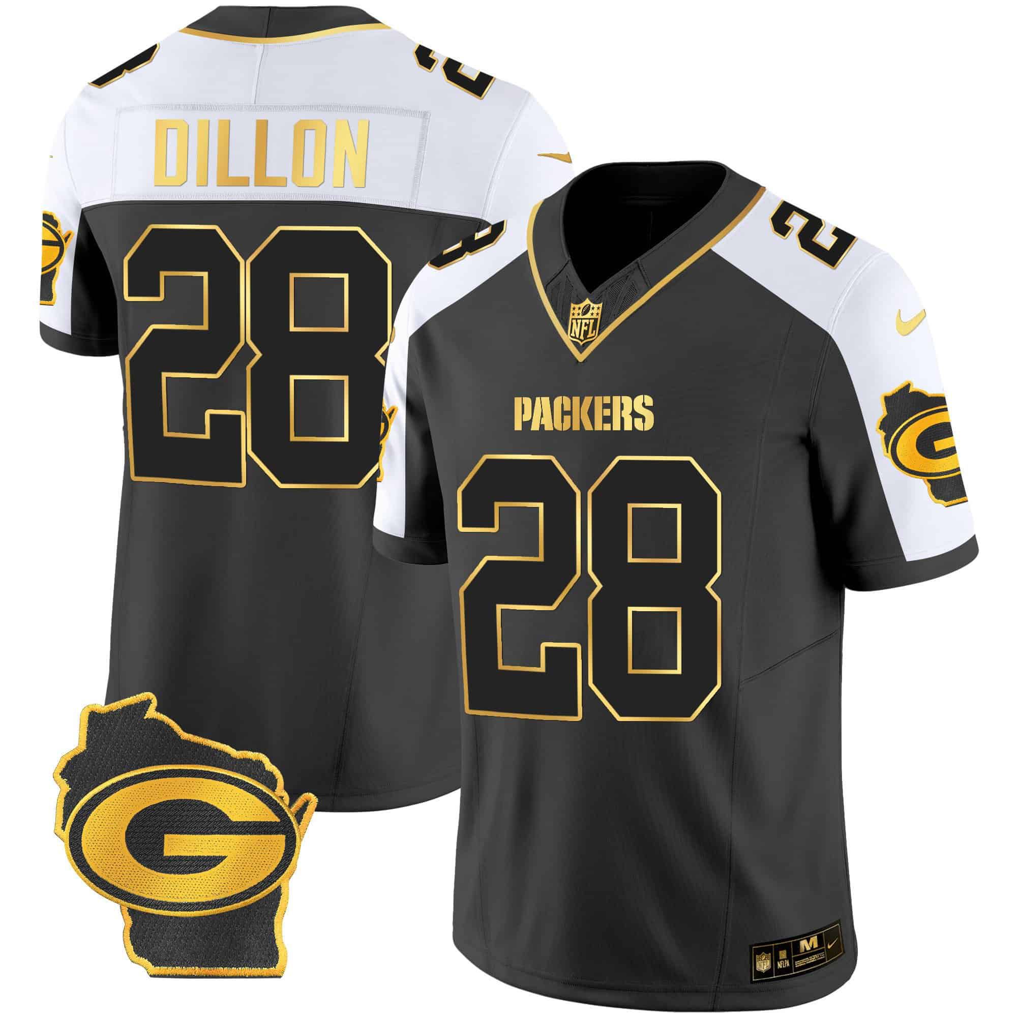 Men Green Bay Packers #28 Dillon Black Gold 2024 Nike Home Patch Vapor NFL Jersey